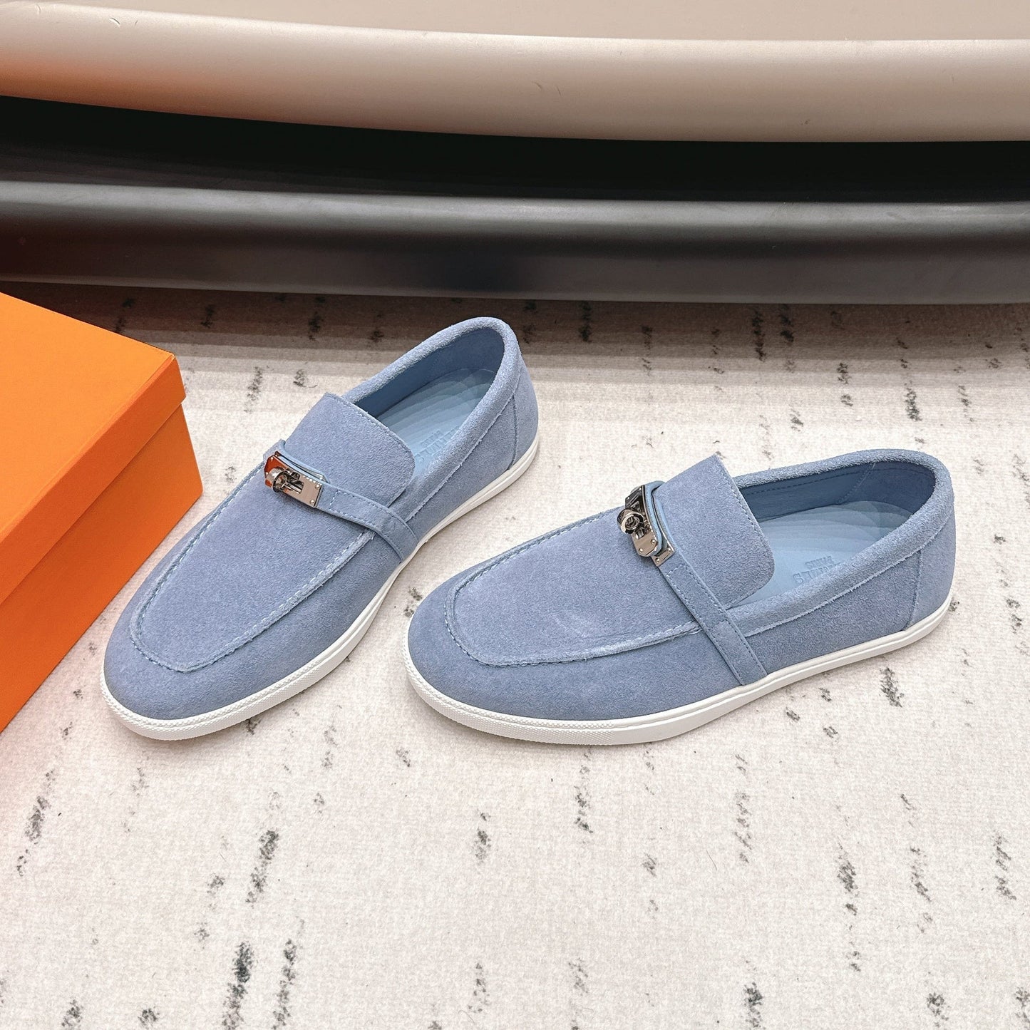 HM 26s Kelly Paris Loafers Light Blue Suede Silver Hardware