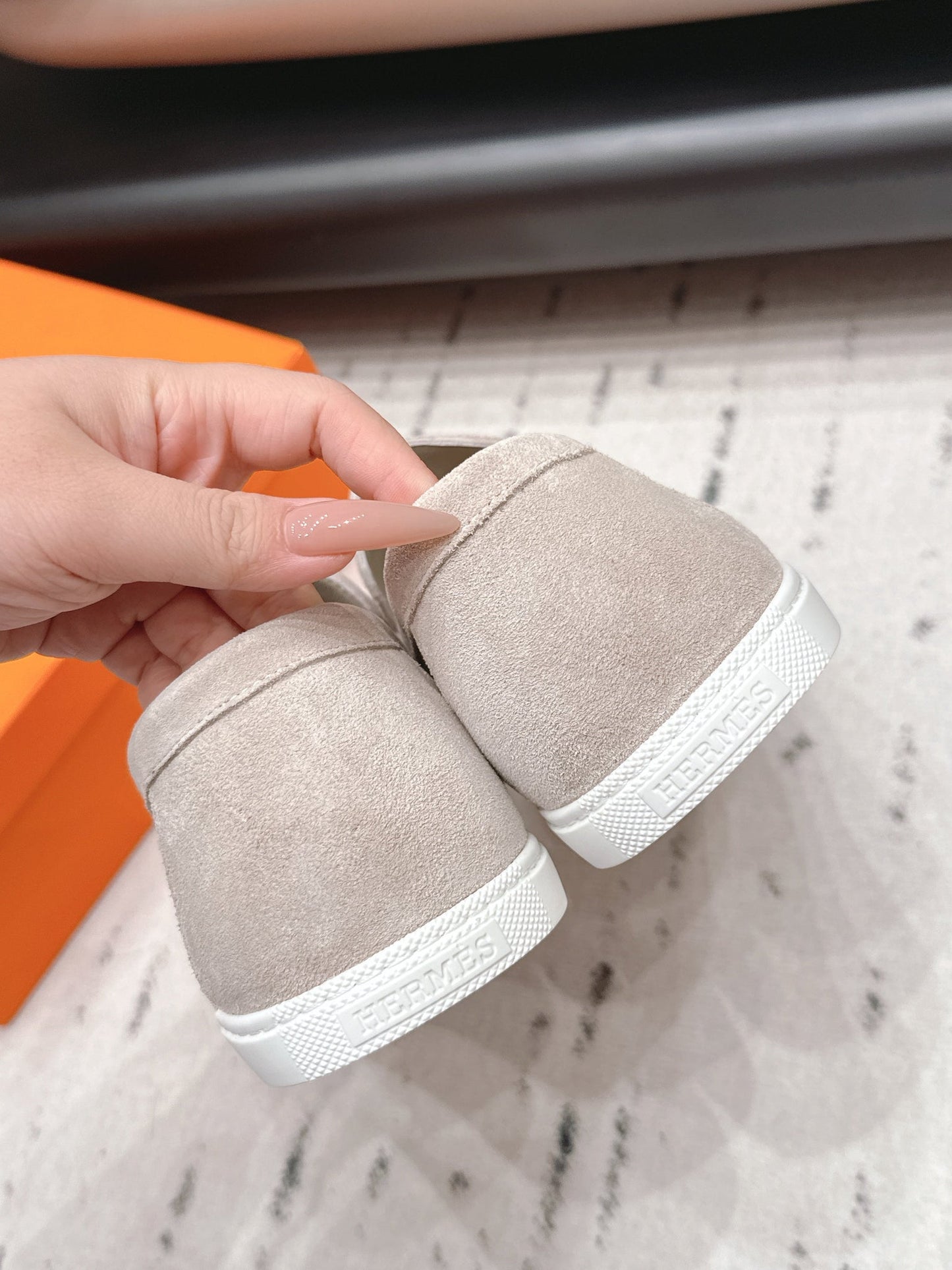 HM 26s Kelly Paris Loafers Light Grey Suede Silver Hardware