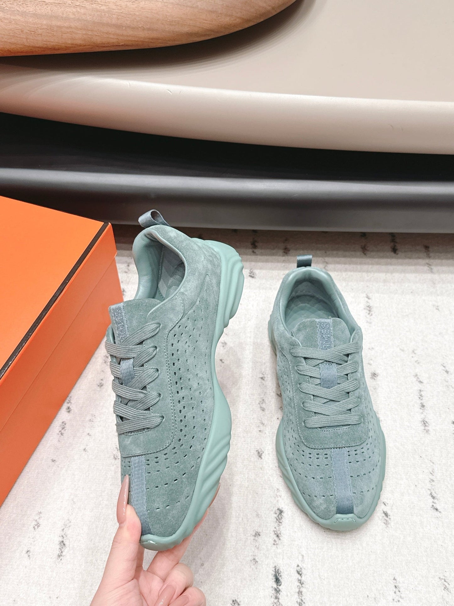 HM 26s Trail Sneakers In Sage Green Perforated Suede