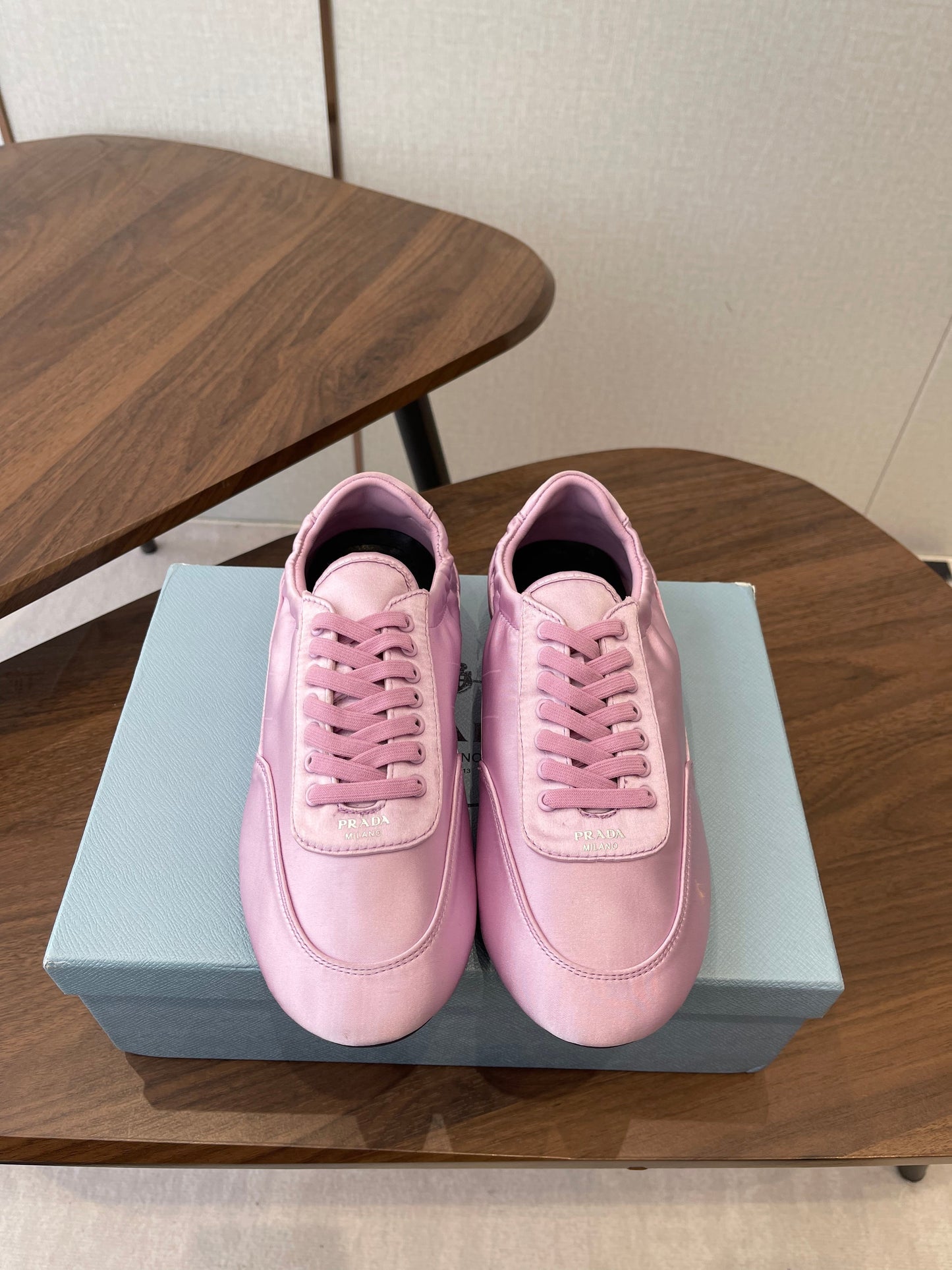 Prada Collapse Laced Sneakers Pink Satin 624377