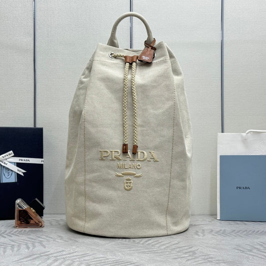 Prada 25s Drawstring Backpack 55 In Beige Canvas Linen Silver Hardware