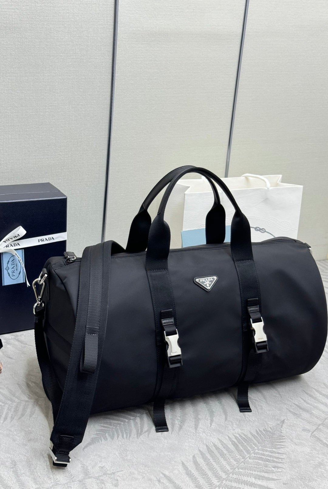 Pra Duffle Bag Black Re-Nylon Saffiano Leather