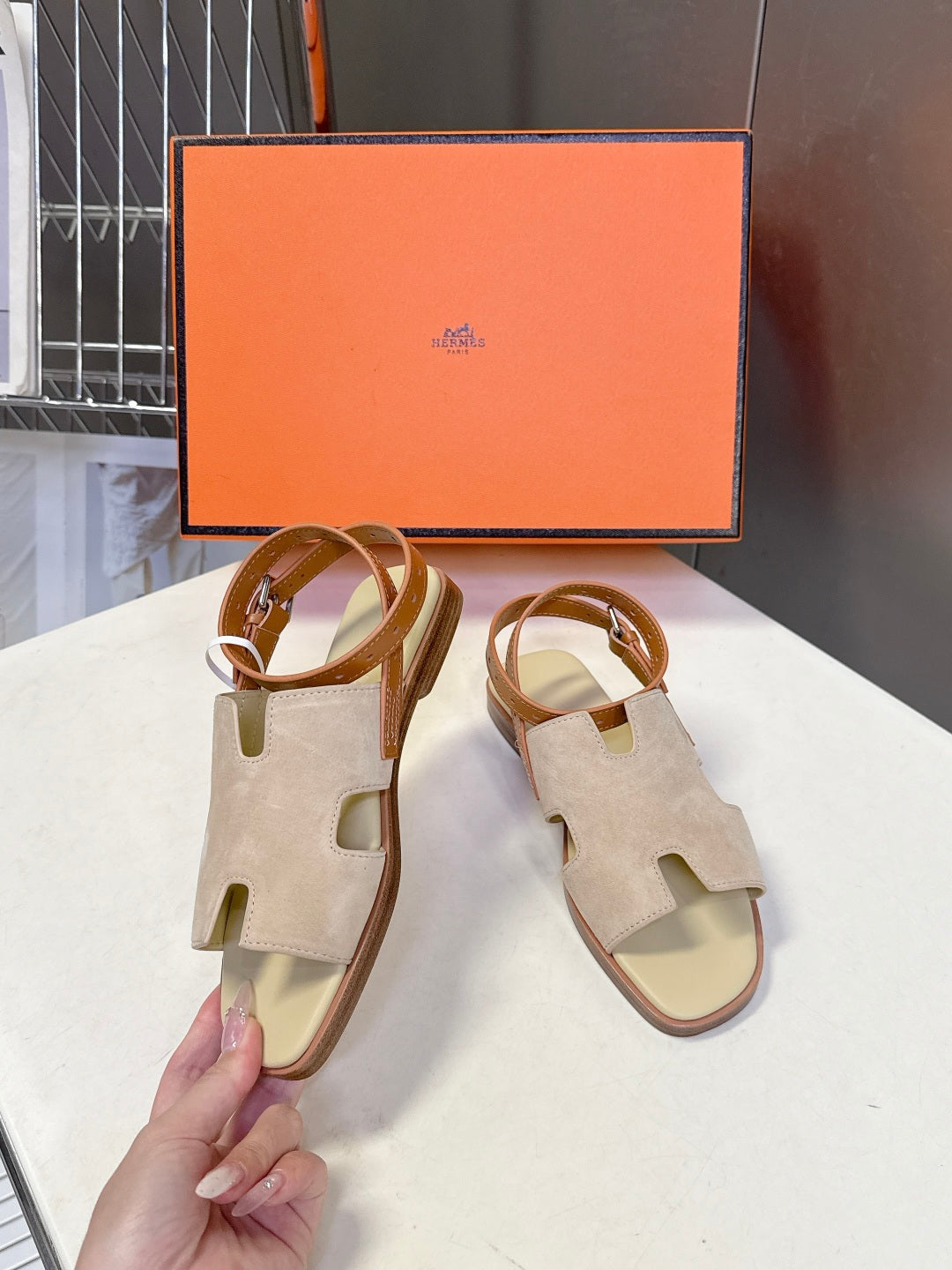 HM Maya Sandals Light Taupe Brown Suede Calfskin 704937