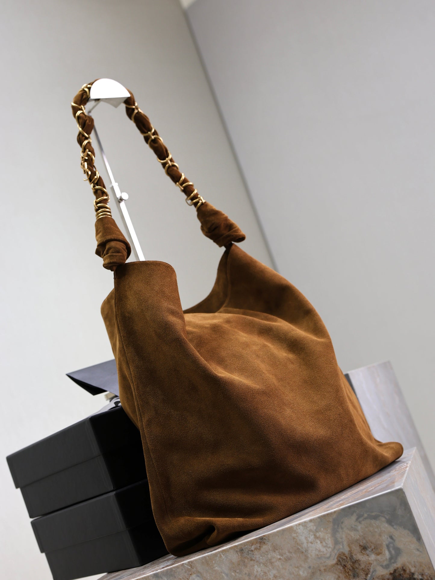 Prada AMALIA Tote Bag 40cm Dark Brown Suede GHW