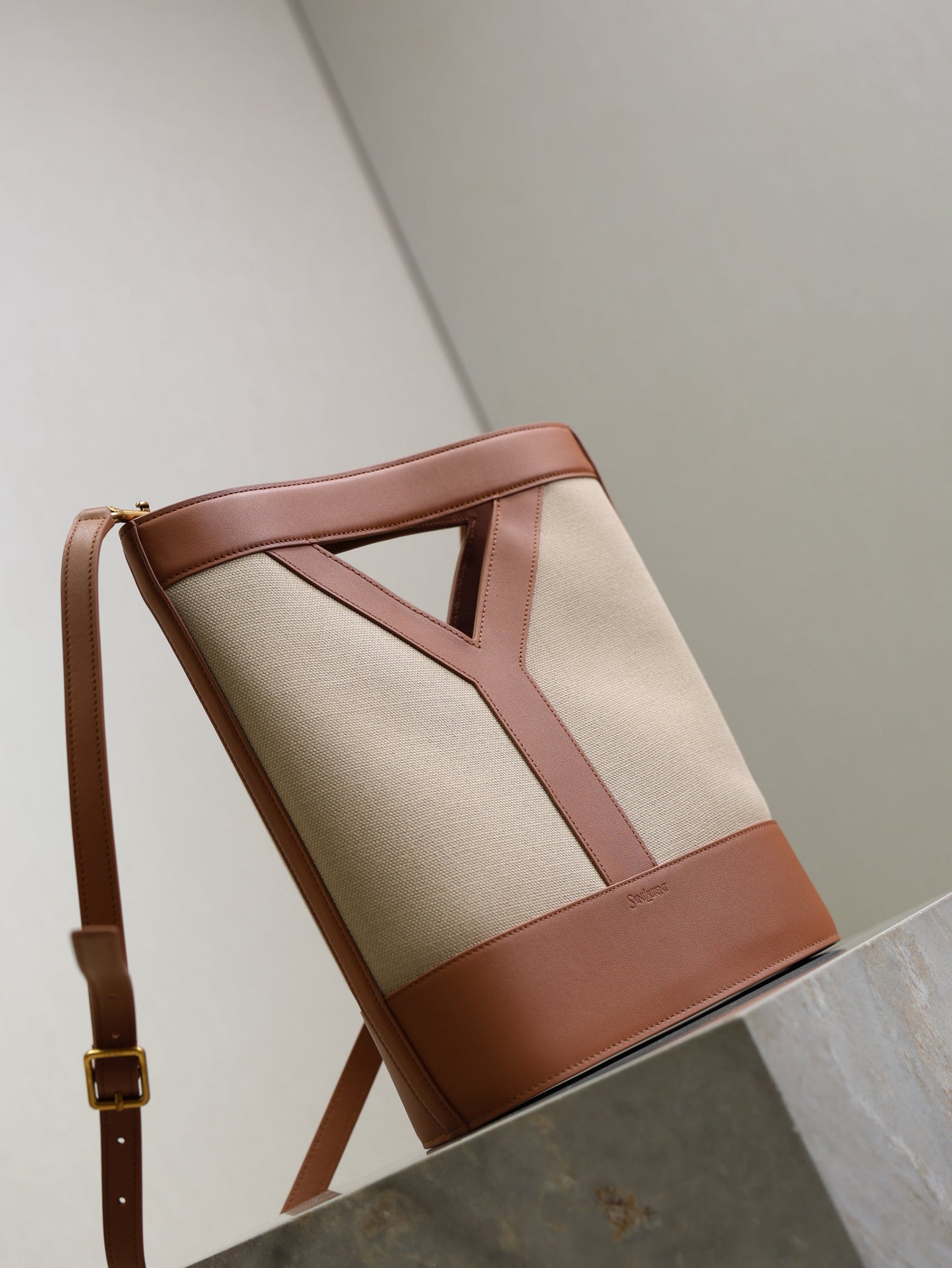 Prada Y Small Bucket 23cm Caramel Beige Canvas Leather