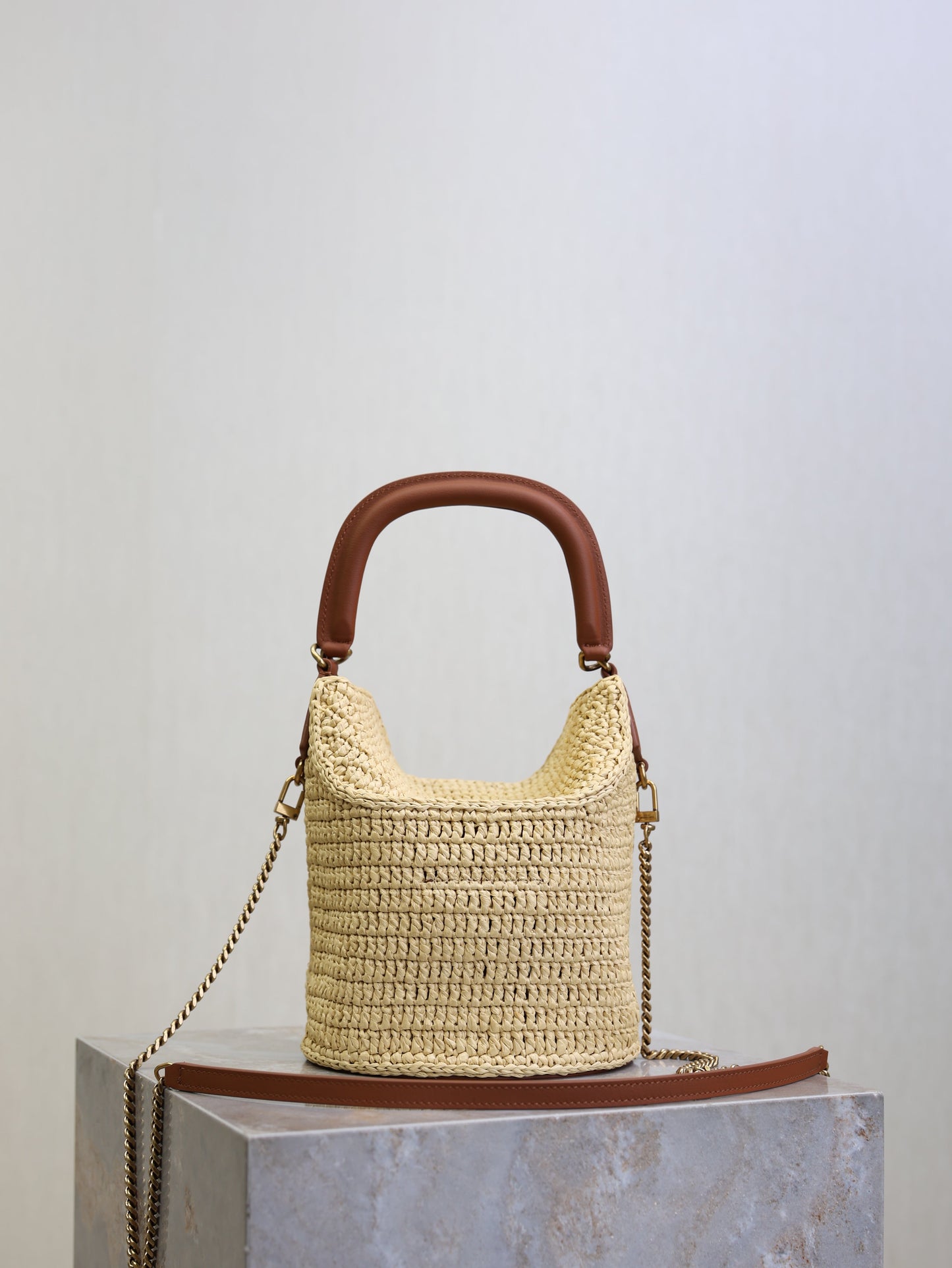 Prada GabyBucket 17cm Brown Beige Raffia Leather GHW