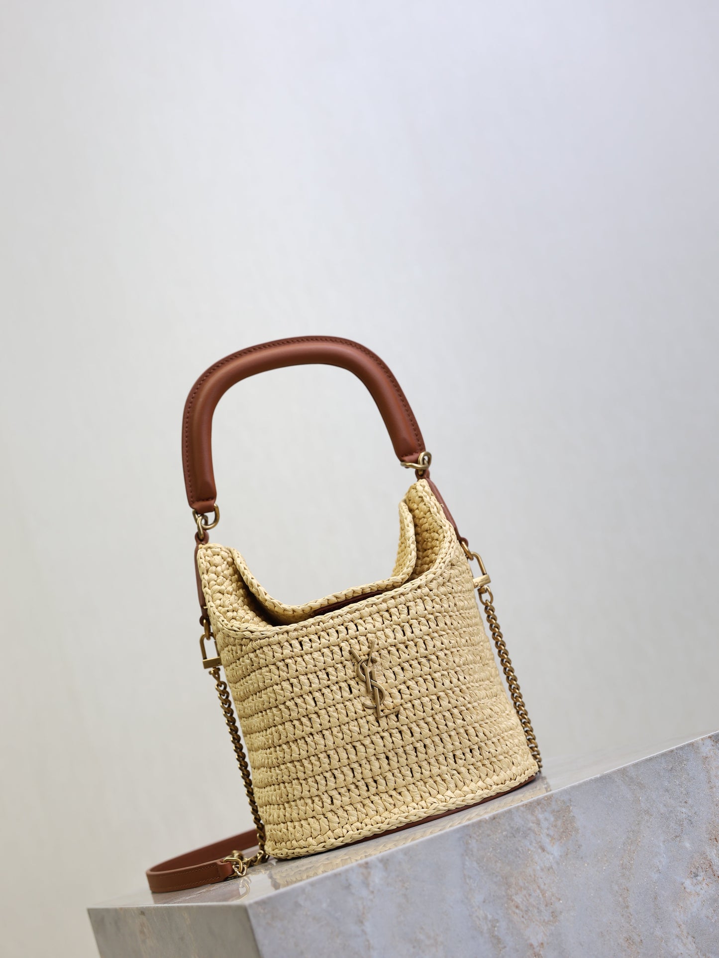 Prada GabyBucket 17cm Brown Beige Raffia Leather GHW