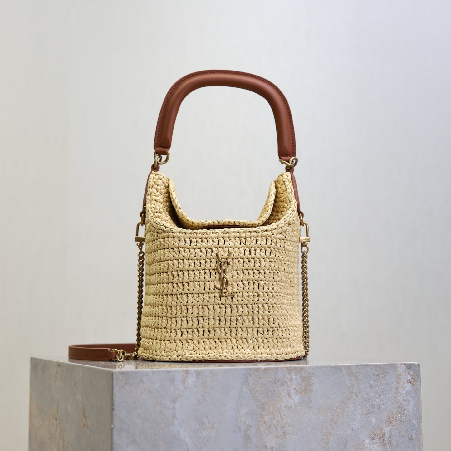 Prada GabyBucket 17cm Brown Beige Raffia Leather GHW