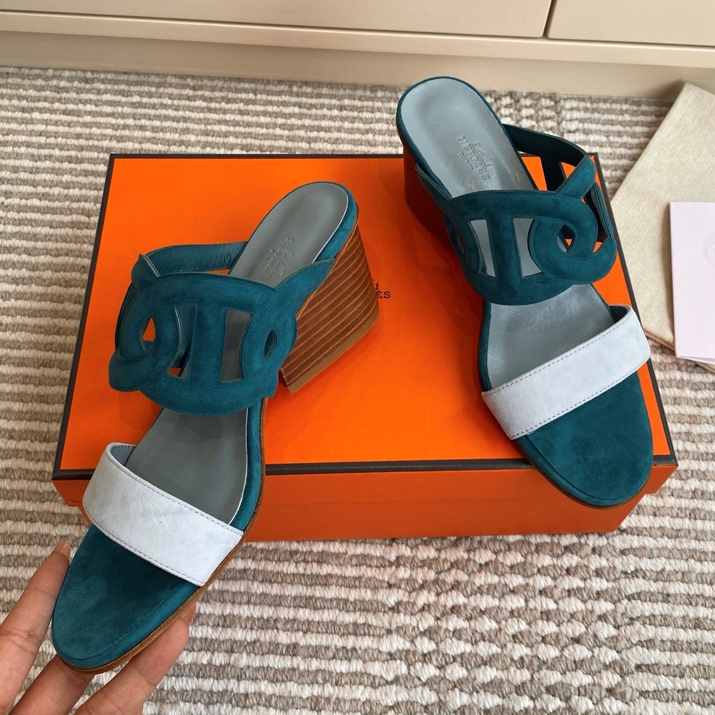 HM Lipari Sandal 7cm Teal Green Suede 776537