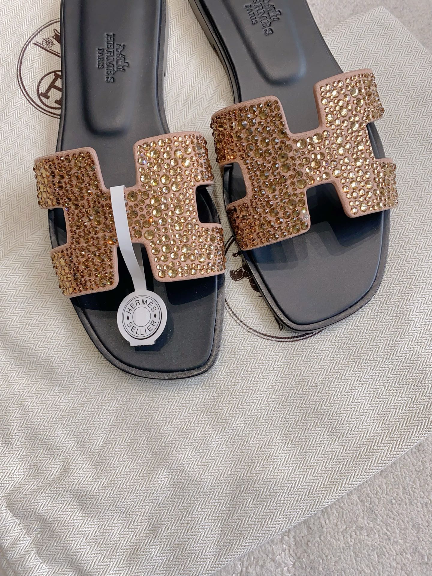HM 26s Oran Sandal Black Brown Calfskin Crystal Embellished