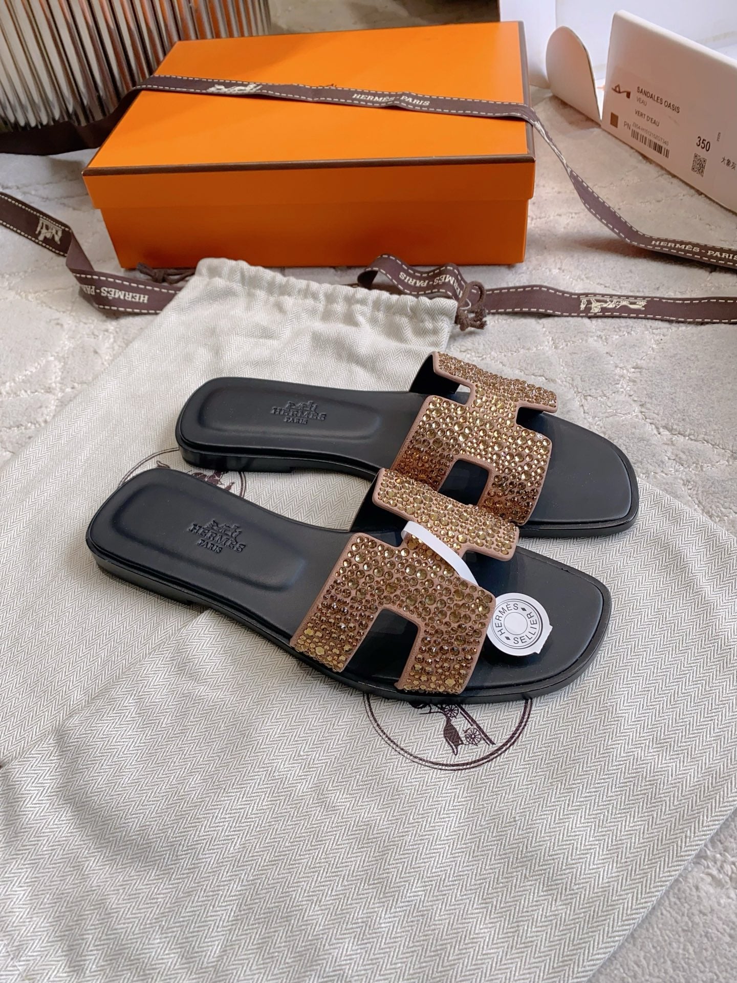 HM 26s Oran Sandal Black Brown Calfskin Crystal Embellished