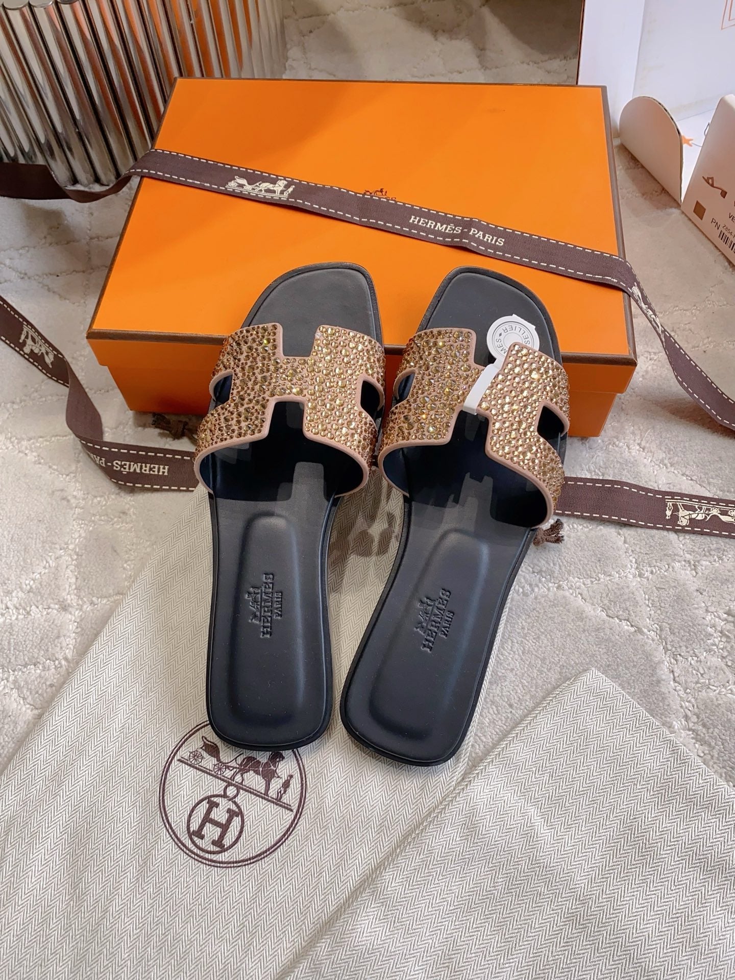 HM 26s Oran Sandal Black Brown Calfskin Crystal Embellished