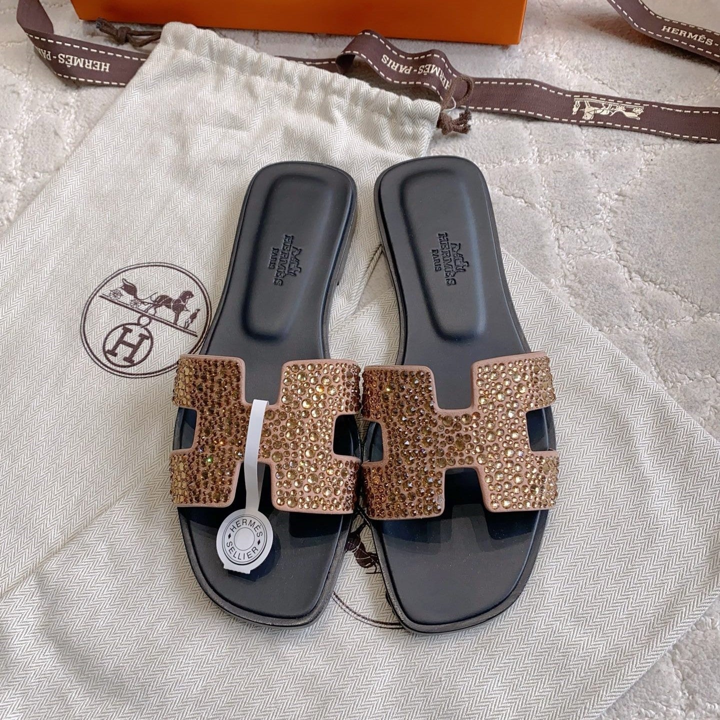 HM 26s Oran Sandal Black Brown Calfskin Crystal Embellished