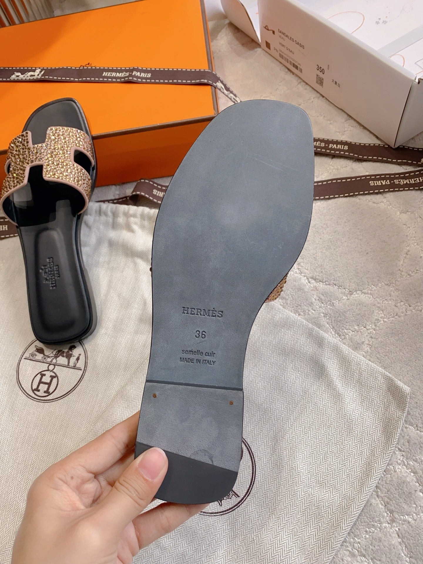 HM 26s Oran Sandal Black Brown Calfskin Crystal Embellished