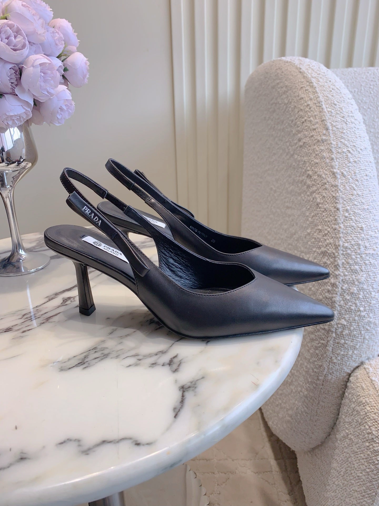 Prada 26s Open-Back High Heels Black Sheepskin 615387