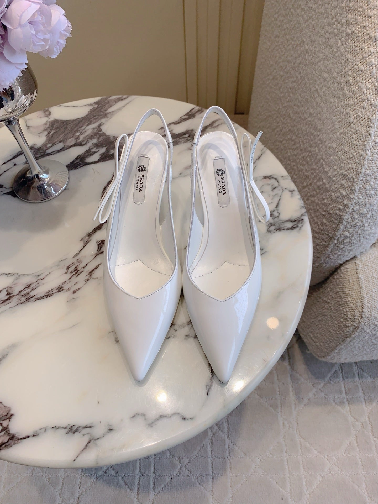 Prada 26s Open-Back High Heels White Patent Leather 615388