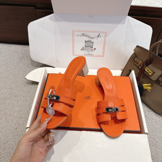 HM Kelly Buckle Sandals 5cm Bright Orange Leather 804985
