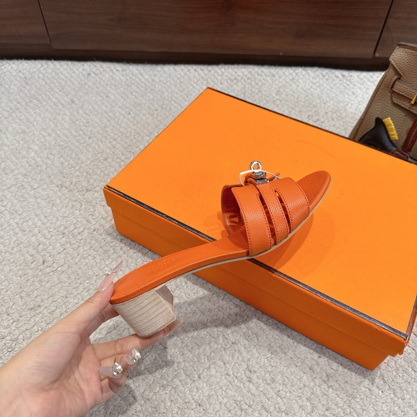 HM Kelly Buckle Sandals 5cm Bright Orange Leather 804985