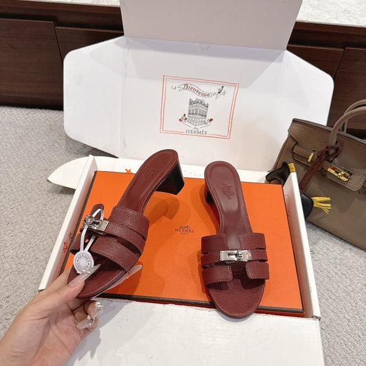 HM Kelly Buckle Sandals 5cm Wine Red Leather 804990
