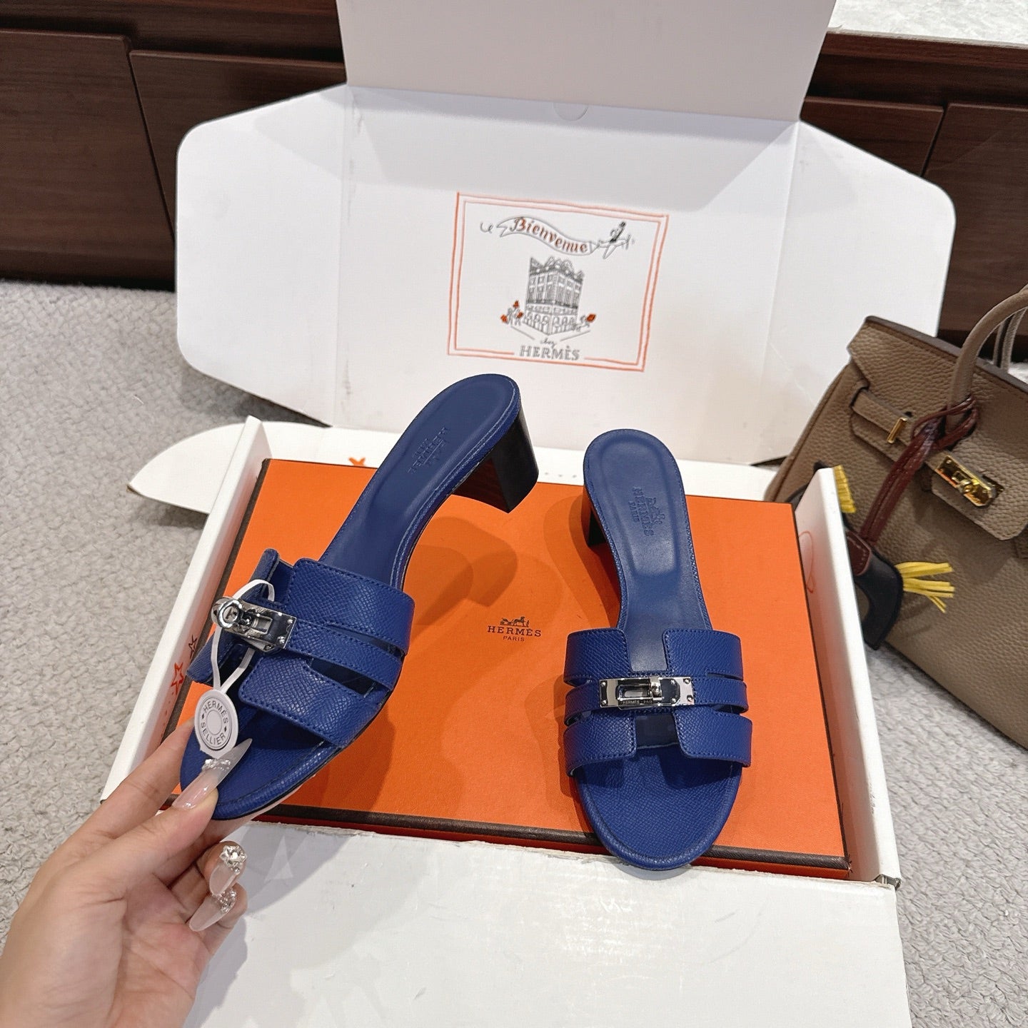 HM Kelly Buckle Sandals 5cm Navy Blue Leather 804992