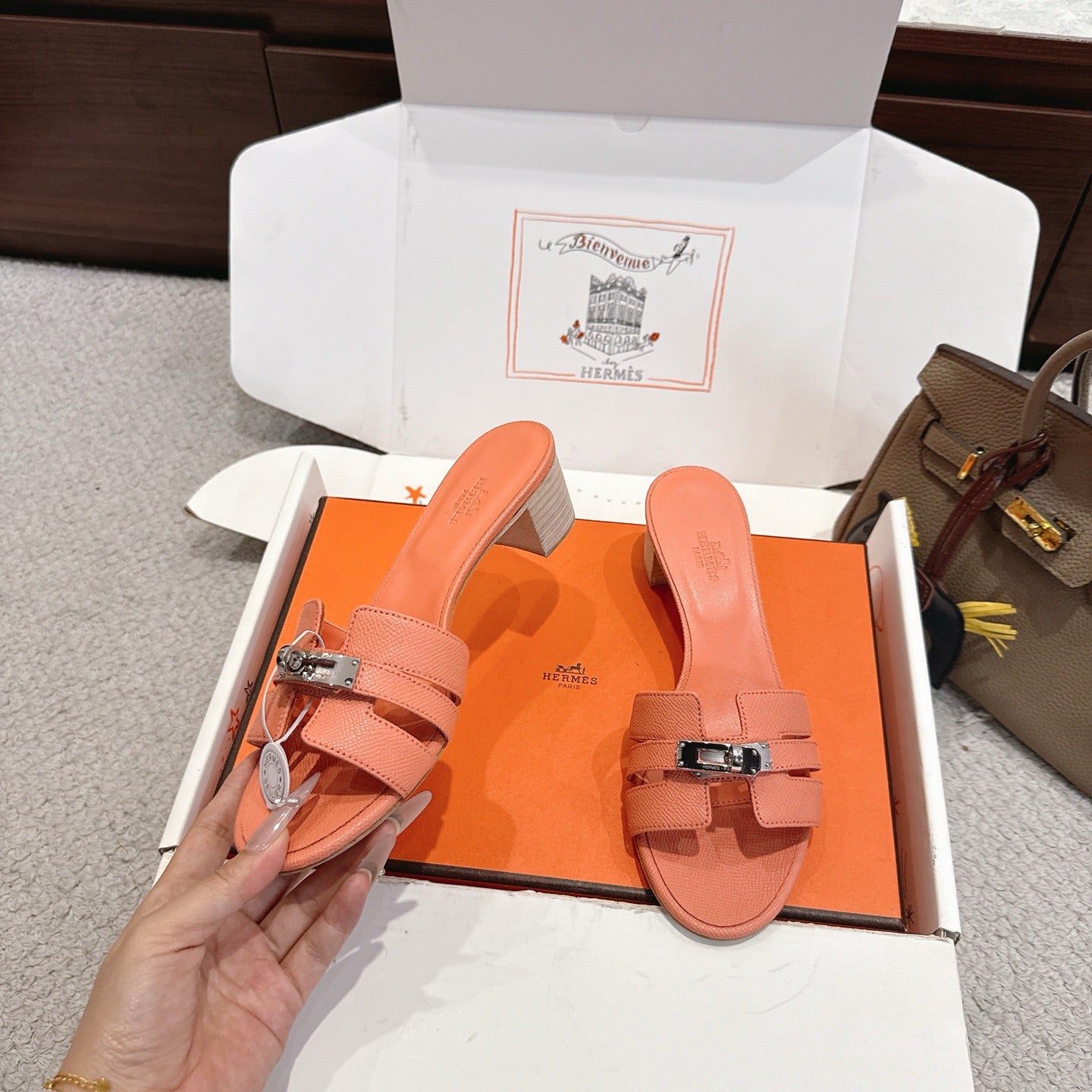 HM Kelly Buckle Sandals 5cm Orange Leather 804997