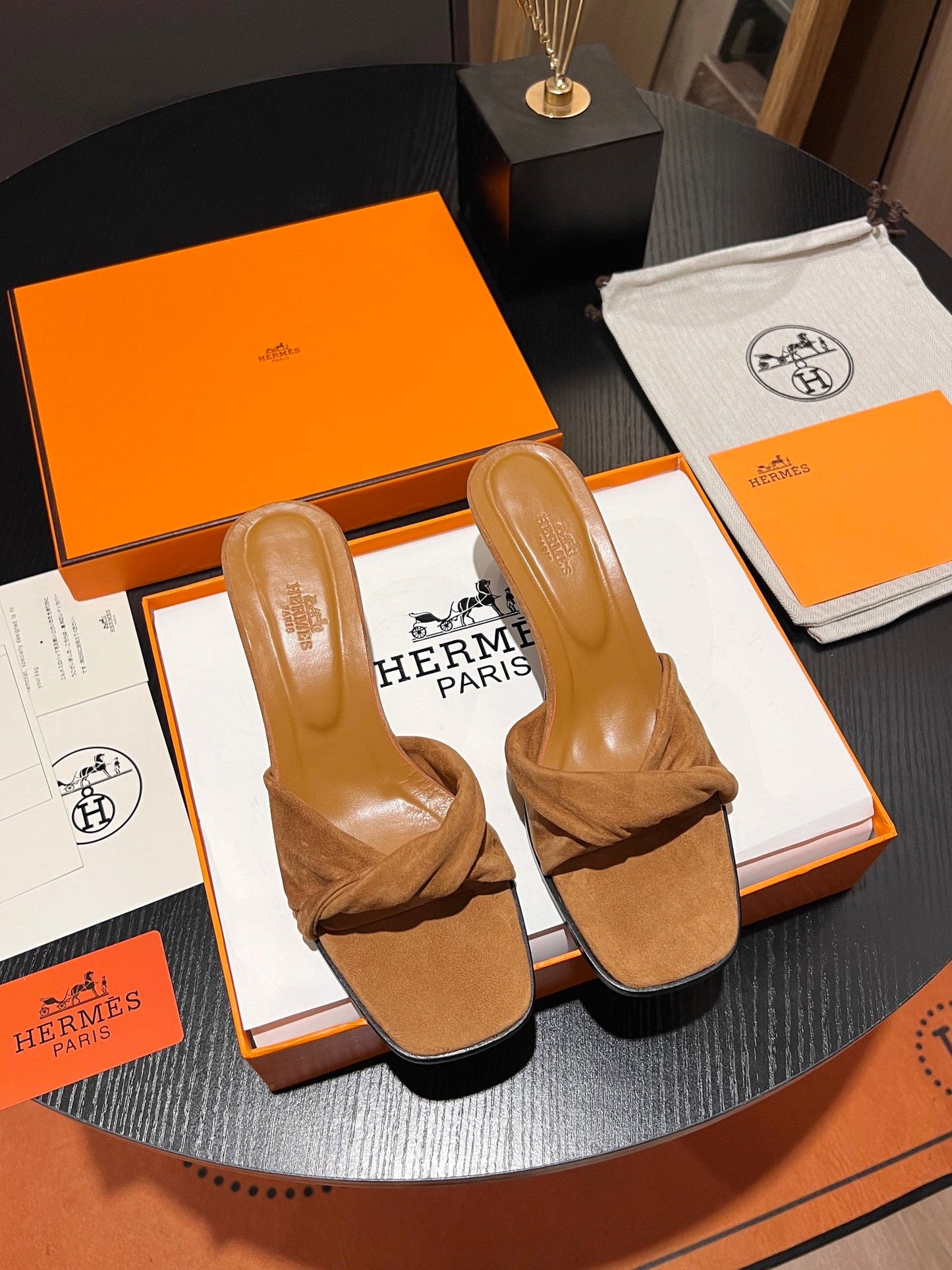 HM Giny Sandal 5.5 Tan Brown Suede Calfskin 680057