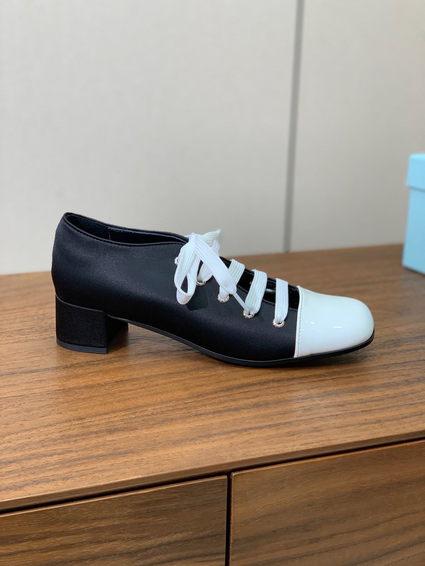 Prada 25s Mary Jane Shoes 55mm Black Satin White Patent Leather