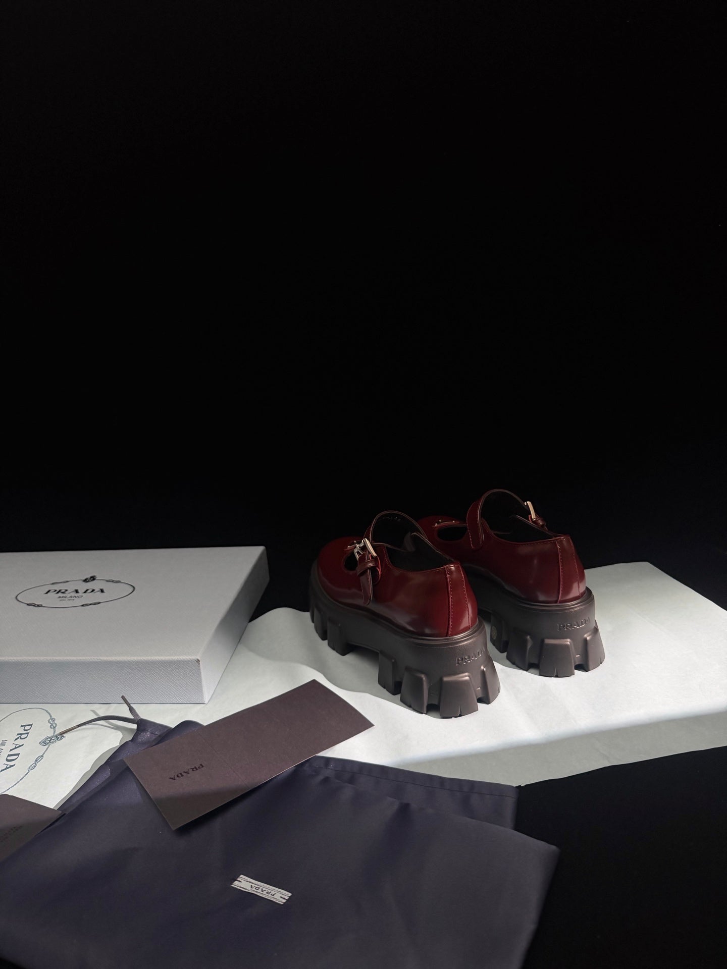 Prada Brushed Monolith Mary Janes Loafer Burgundy Leather 606061