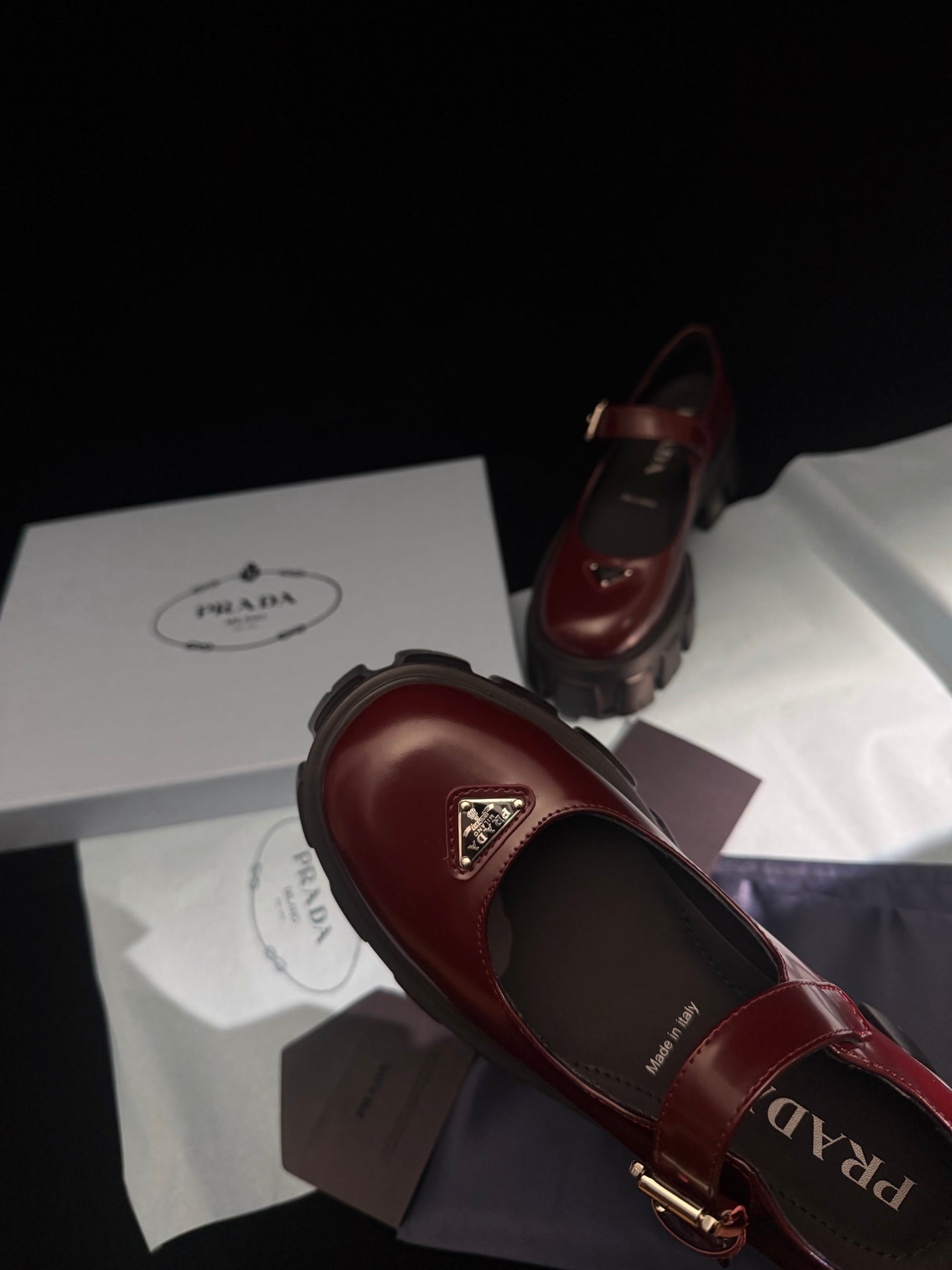 Prada Brushed Monolith Mary Janes Loafer Burgundy Leather 606061