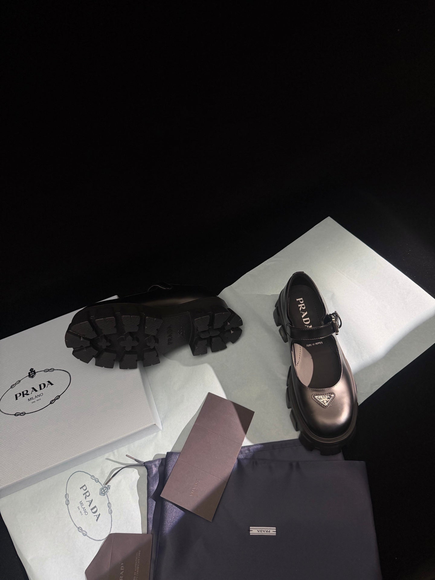 Prada Brushed Monolith Mary Janes Loafer Black Leather 606064