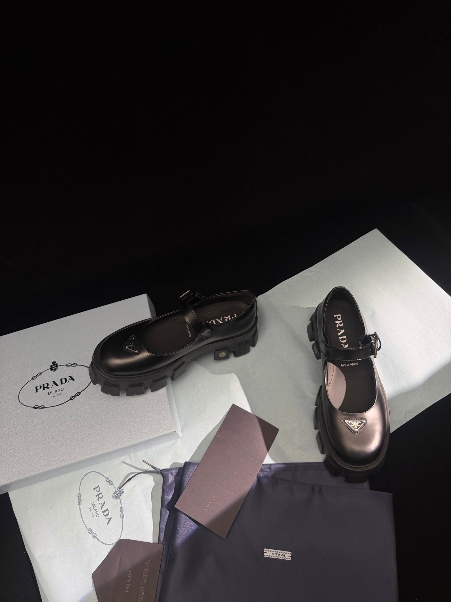 Prada Brushed Monolith Mary Janes Loafer Black Leather 606064