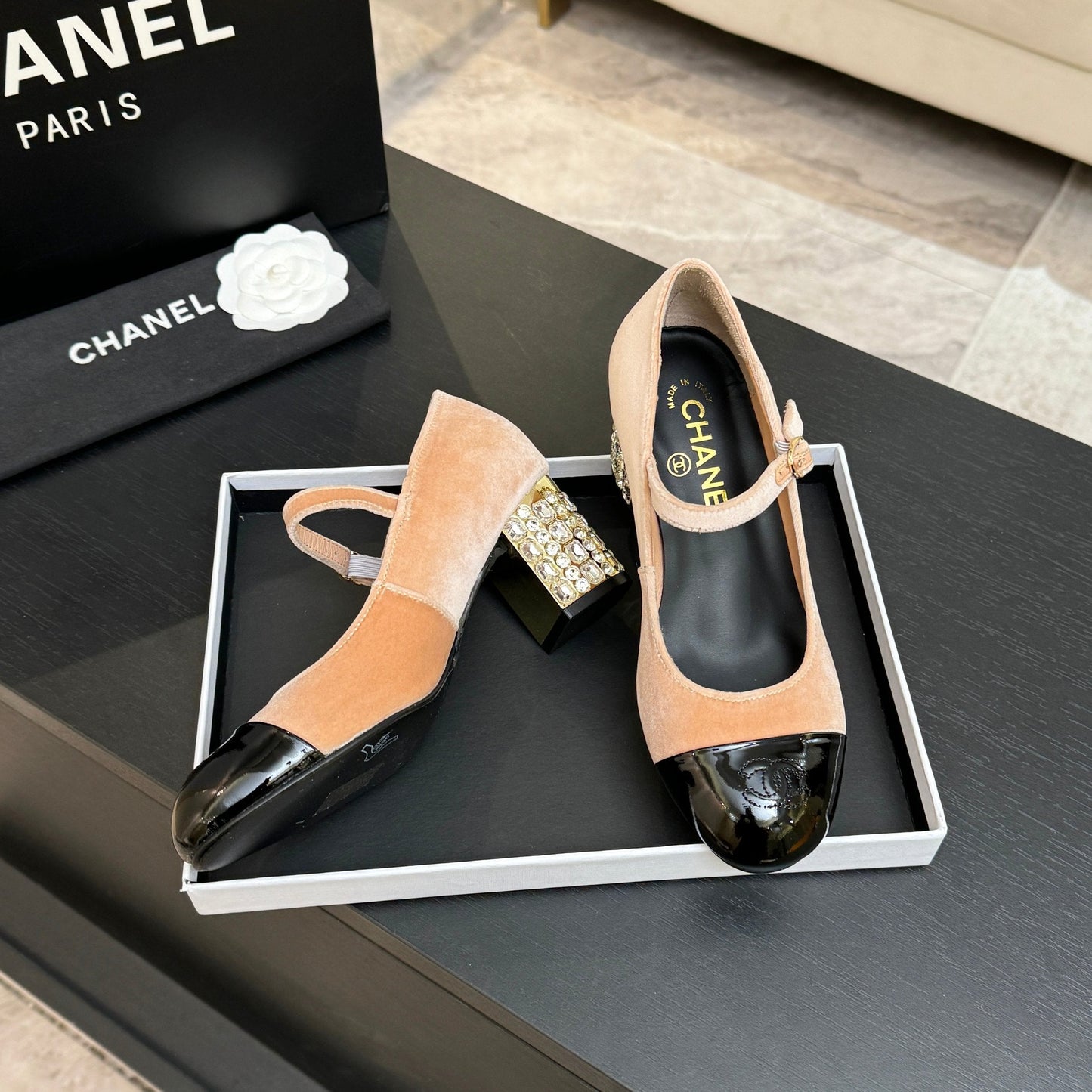 CC 2026 Mary Jane 65 Beige Black Velvet Leather  700646