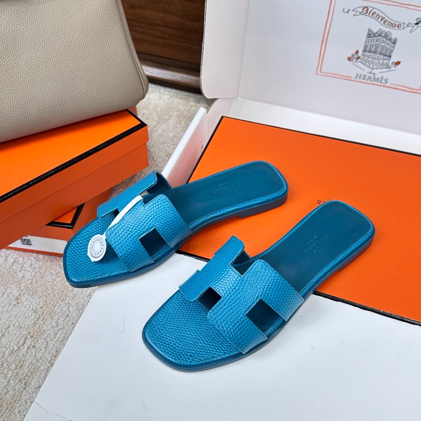 HM Oran Sandal Blue Embossed Lizard Leather 802369