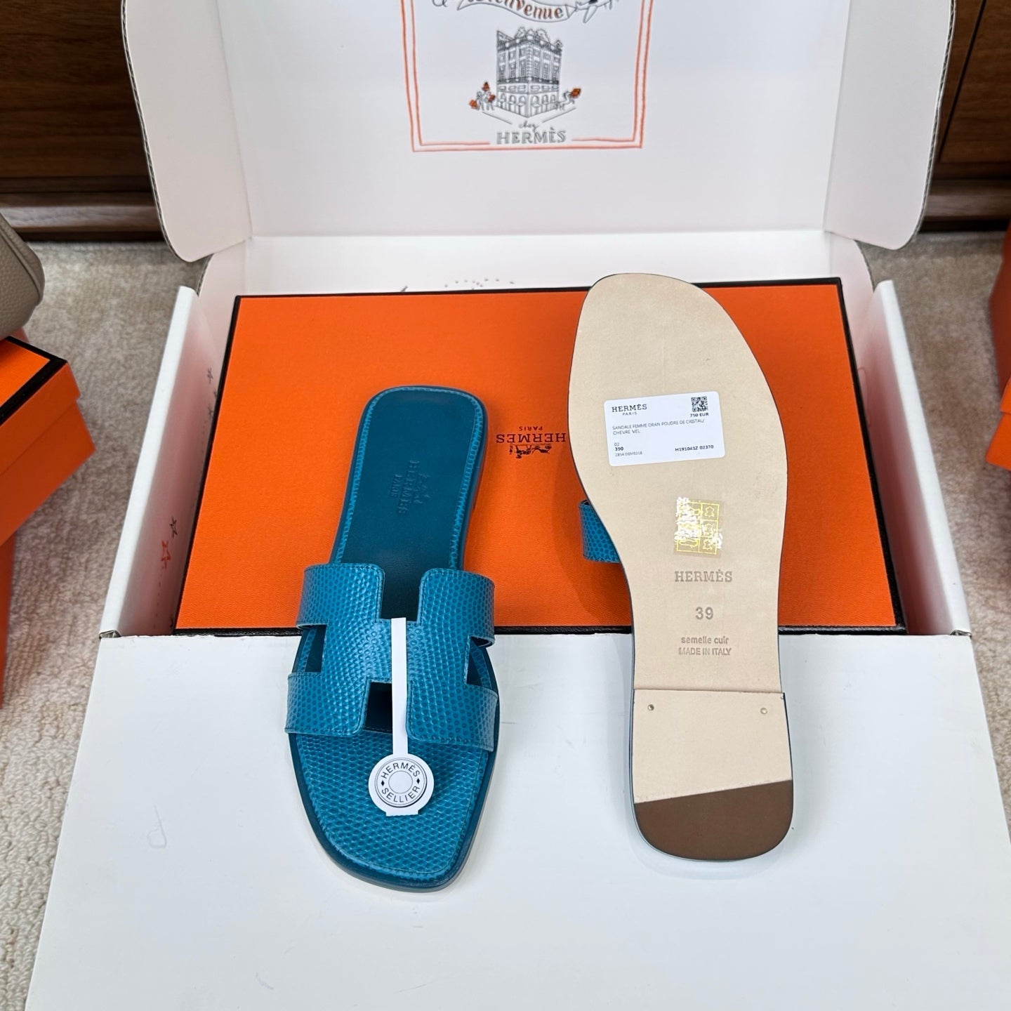 HM Oran Sandal Blue Embossed Lizard Leather 802369