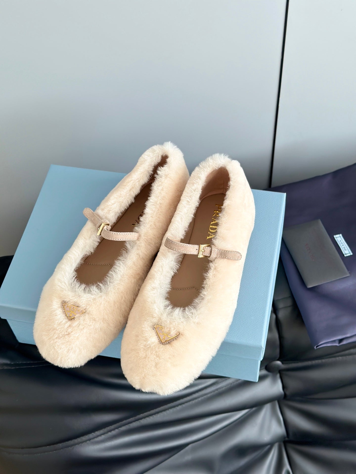 Prada 25s Mary Jane Ballet Flats White Wool 538456