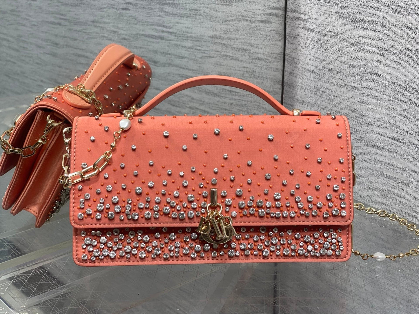 Dior 2026 Crystal Embellishments Lady Bag 24cm Coral Orange Leather 355276