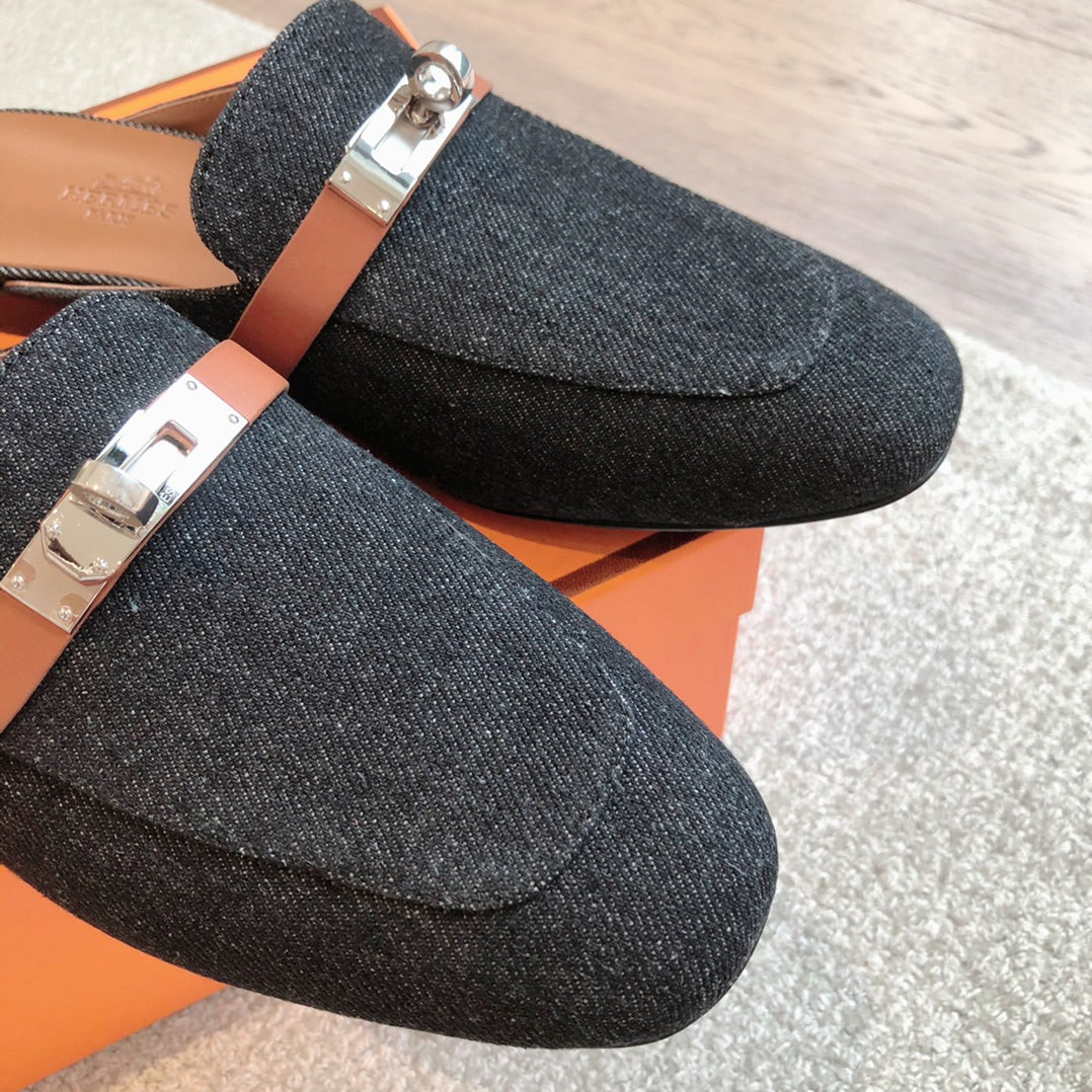 HM OZ Mule Denim Black Brown Cowhide 756853