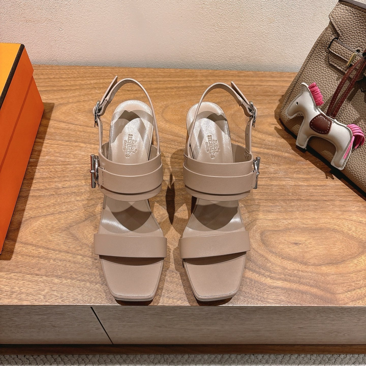 HM 26S Gigi 85 Sandal In Nude Beige Calfskin Silver Hardware