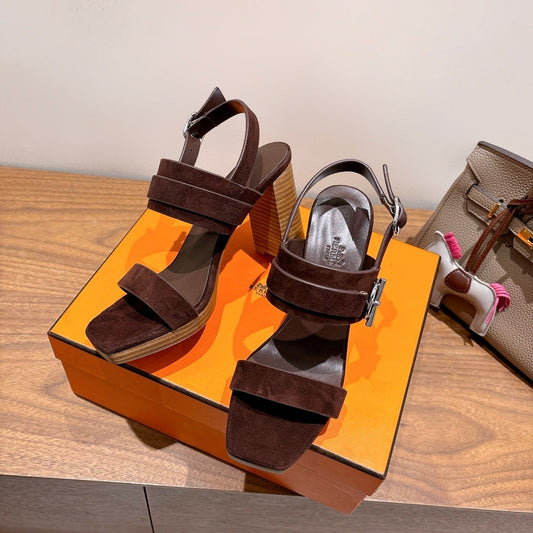 HM 26S Gigi 85 Sandal In Dark Brown Calfskin Silver Hardware