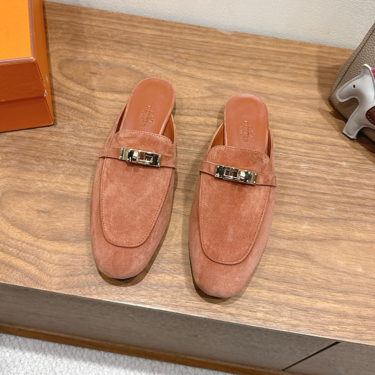 HM 26s Kelly Mule In Peach Brown Suede Gold Hardware