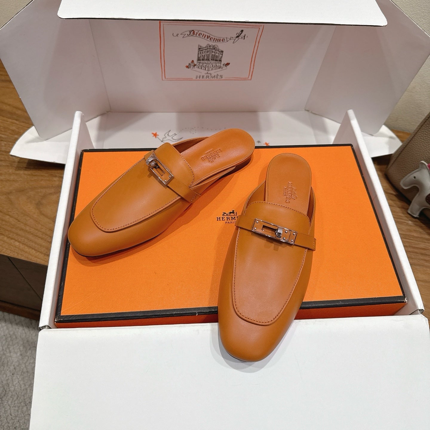 HM 26s Kelly Mule In Tan Brown Calfskin Silver Hardware