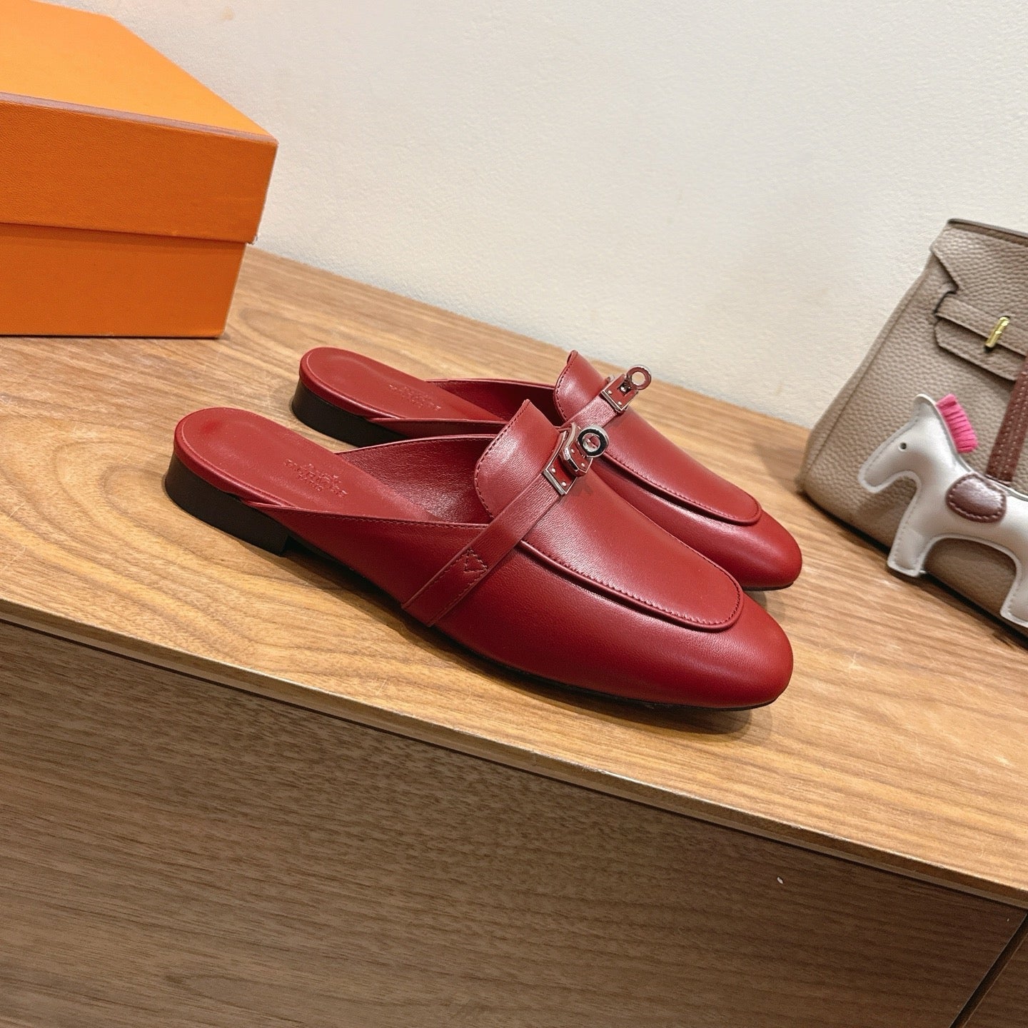 HM 26s Kelly Mule In Dark Red Calfskin Silver Hardware