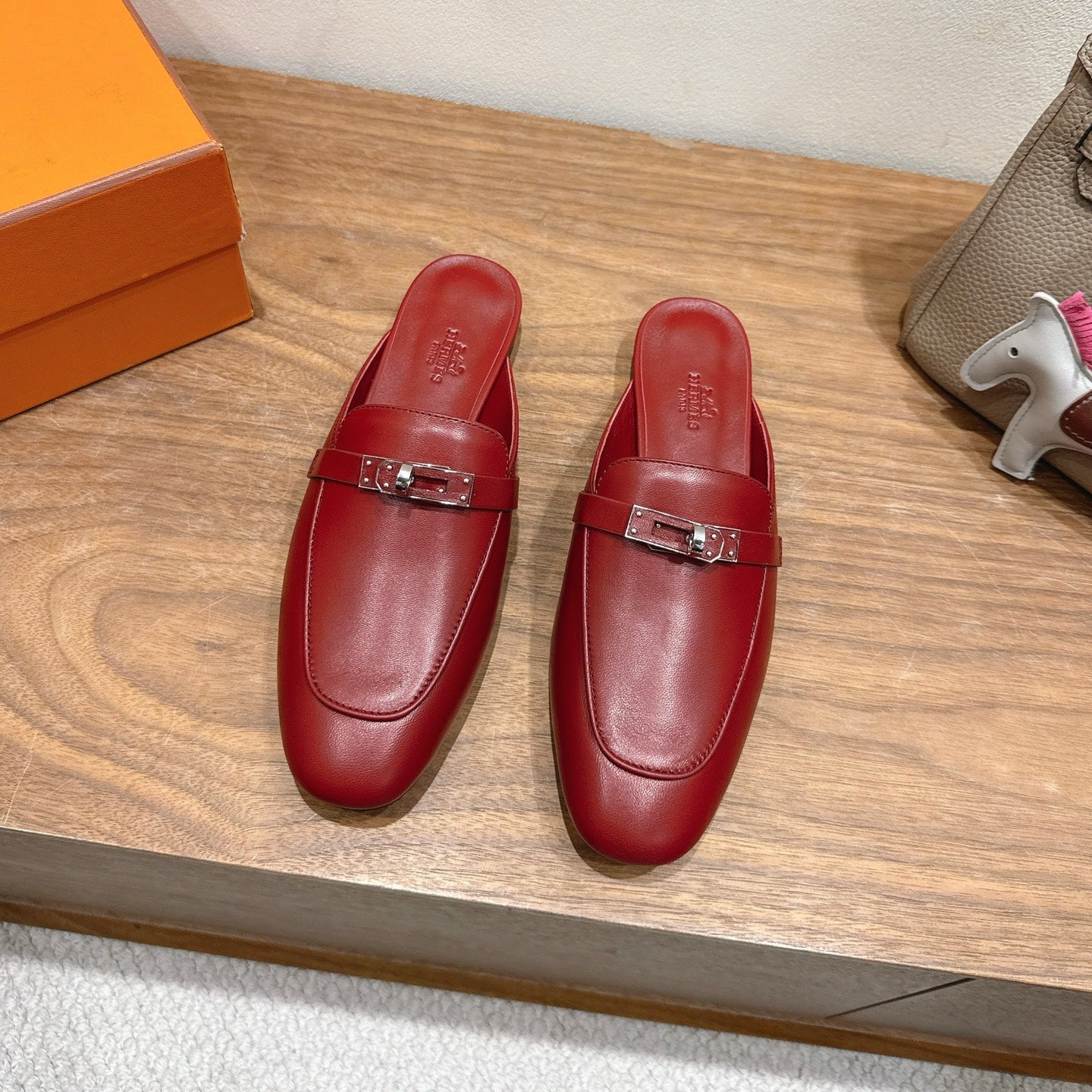 HM 26s Kelly Mule In Dark Red Calfskin Silver Hardware