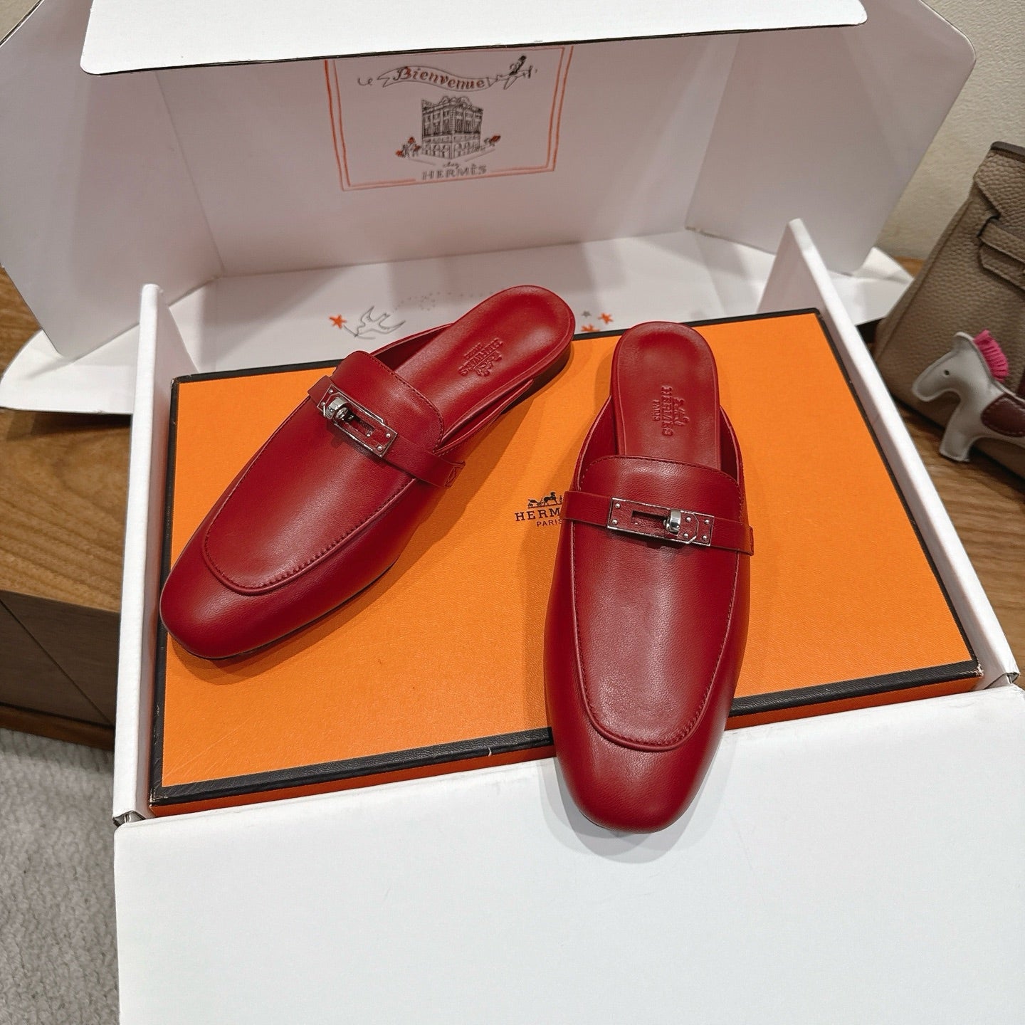 HM 26s Kelly Mule In Dark Red Calfskin Silver Hardware