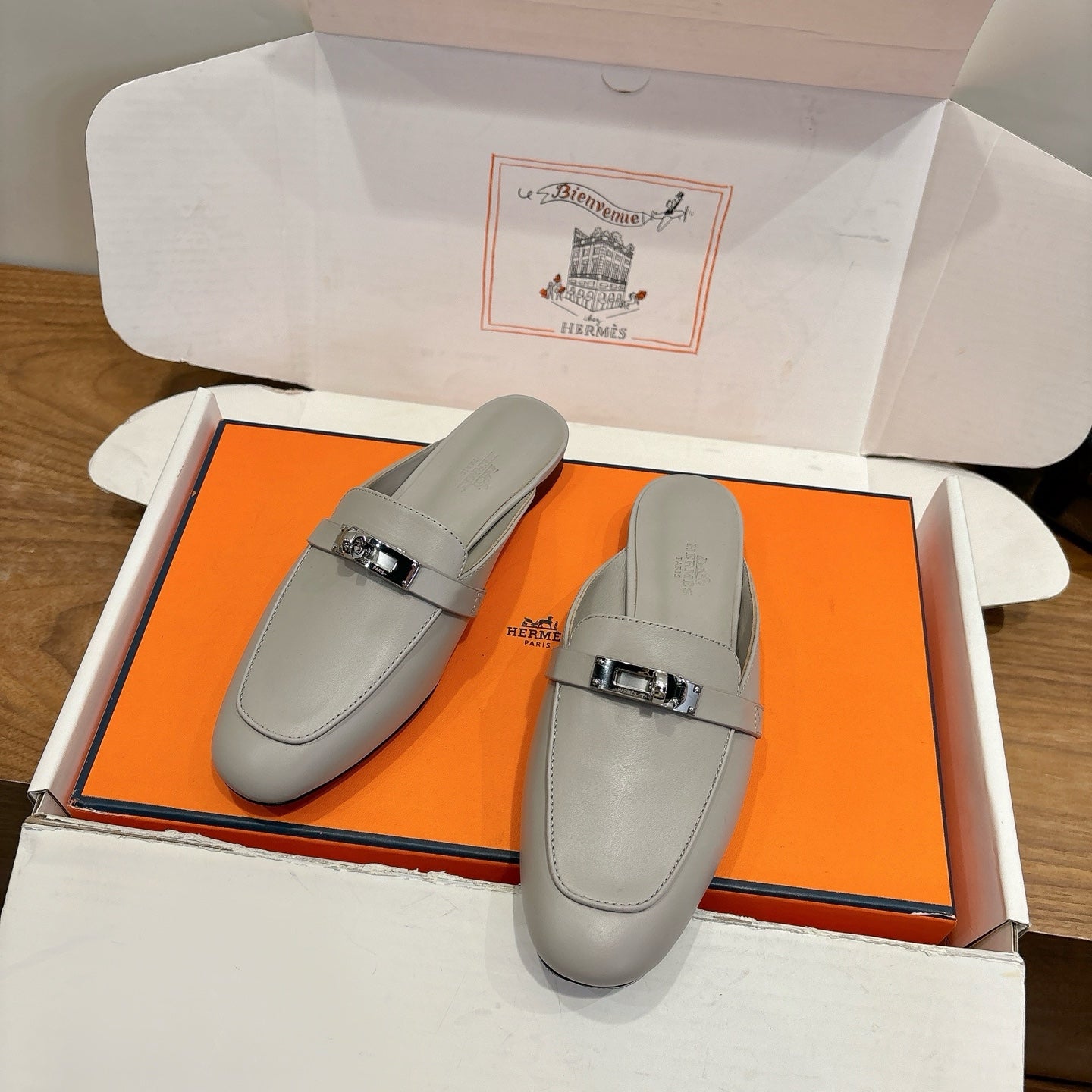HM 26s Kelly Mule In Grey Calfskin Silver Hardware
