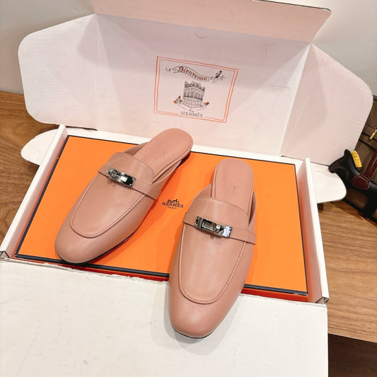 HM 26s Kelly Mule In Grey Beige Calfskin Silver Hardware