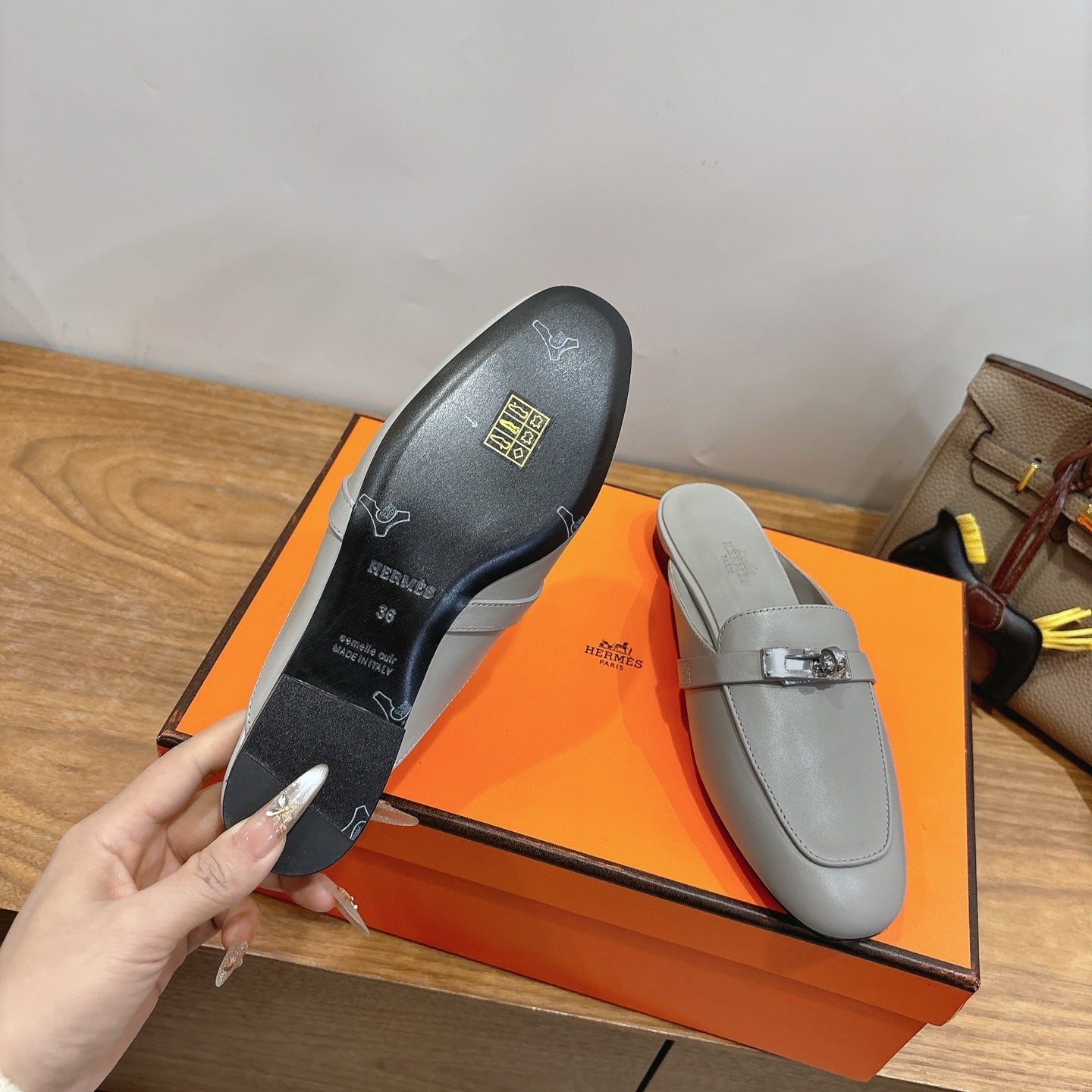 HM 26s Kelly Mule In Grey Calfskin Silver Hardware