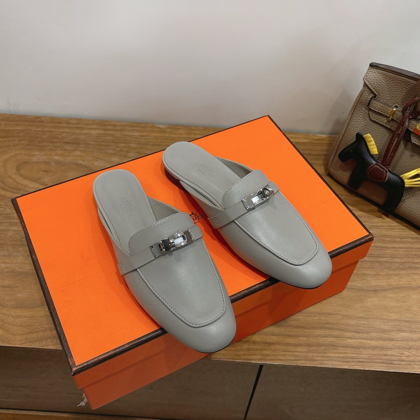 HM 26s Kelly Mule In Grey Calfskin Silver Hardware