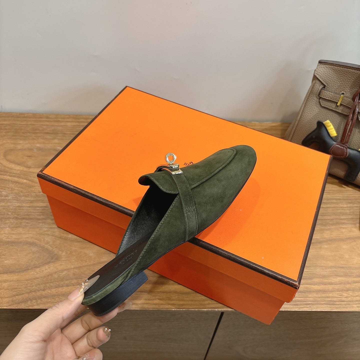 HM 26s Oz Mule In Dark Olive Green Suede Gold Hardware