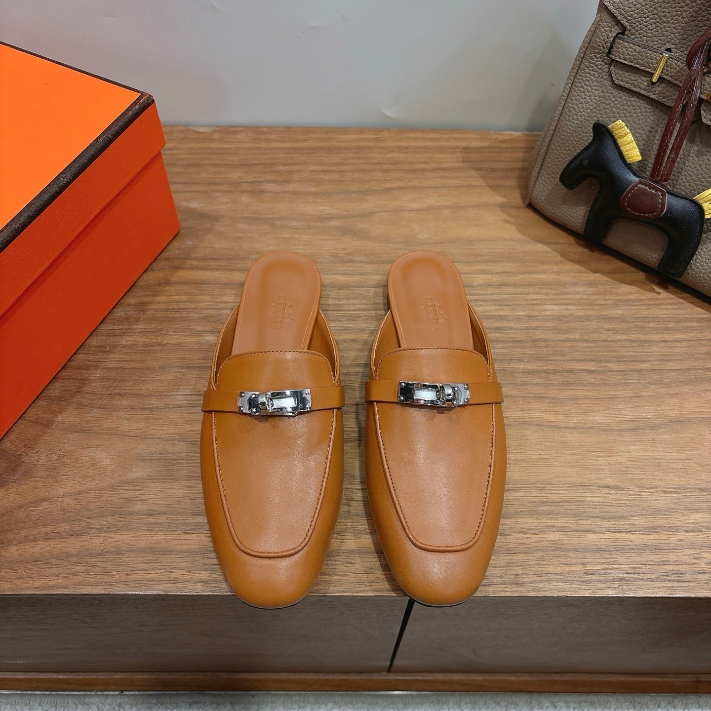 HM 26s Kelly Mule In Tan Brown Calfskin Silver Hardware